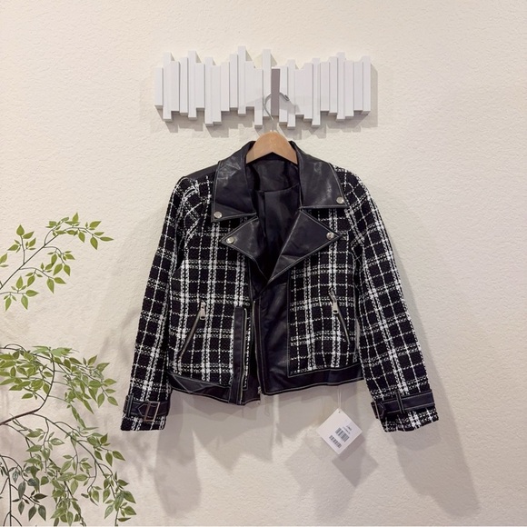 J.ING Faux Leather Collared Tweed Checker Jacket Outwear Black White Size XL NWT - Picture 3 of 10